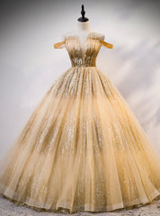 Gold Ball Gown Tulle Sequins Off the Shoulder Pleats Quinceanera Dresses