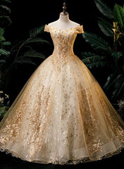 Gold Ball Gown Tulle with Lace Applique Formal Dress, Gold Sweet 16 Dress