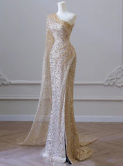 Gold Mermaid Sequins One Shoulder Prom Dresses