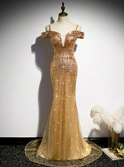 Gold Mermaid Sequins Spaghetti Straps Prom Dresses