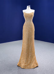 Gold Mermaid Sequins Strapless Pearls Prom Dresses