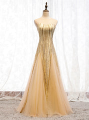 Gold Mermaid Sequins Tulle Sleeveless Prom Dresses