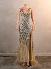 Gold Mermaid Sequins V-neck Split Prom Dresses