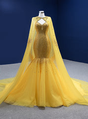 Gold Mermaid Tulle Sequins Crystal Spaghetti Straps Prom Dresses With Shawl