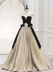 Gold Pleats Strapless Black Velvet Prom Dresses