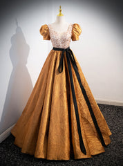 Gold Puff Sleeve Square Sequins Prom Dress