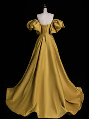 Gold Satin A-line Lace-up Long Party Dresses with Sleeves, Gold Satin Prom Dresses