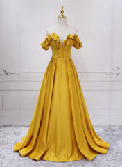 Gold Satin A-line Sweetheart Long Junior Prom Dresses, Floor Length Satin Evening Dresses