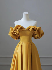 Gold Satin Long Prom Dress, Off Shoulder A-Line Formal Evening Dresses