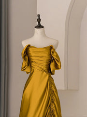 Gold Satin Off Shoulder Long Evening Dresses, Gold Satin Prom Dresses