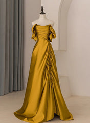 Gold Satin Off Shoulder Long Evening Dresses, Gold Satin Prom Dresses