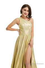 Gold Satin One Shoulder With Split Prom Dresses