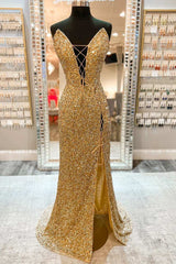 Gold Sequin Strapless Lace-Up Front Long Prom Dresses with Slit