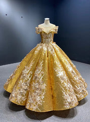 Gold Sequins Ball Gown Appliques Prom Dresses