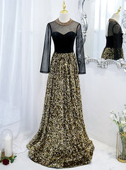 Gold Sequins Long Sleeve Backless Beading Prom Dresses