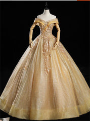 Gold Sequins Off the Shoulder Appliques Beading Quinceanera Dresses