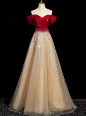 Gold Sequins Off the Shoulder Crystal Prom Dresses