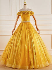 Gold Sequins Off the Shoulder Crystal Quinceanera Dresses