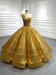 Gold Sequins One Shoulder Prom Dresses