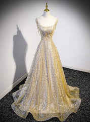 Gold Sequins Straps Beading Prom Dresses