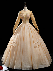 Gold Tulle High Neck Long Sleeve Beading Quinceanera Dresses