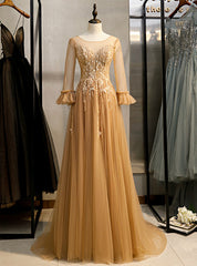 Gold Tulle Long Sleeve Backless Beading Prom Dresses