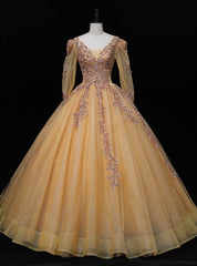 Gold Tulle Long Sleeve Backless Sequins Quinceanera Dresses