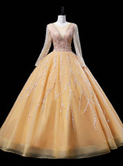 Gold Tulle Long Sleeve Sequins Beading Quinceanera Dresses