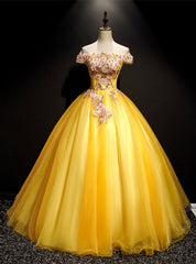 Gold Tulle Off the Shoulder Appliques Quinceanera Dresses