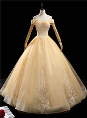 Gold Tulle Off the Shoulder Beading Appliques Quinceanera Dresses