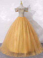 Gold Tulle Off the Shoulder Beading Quinceanera Dresses