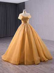 Gold Tulle Off the Shoulder Pleats Prom Dresses