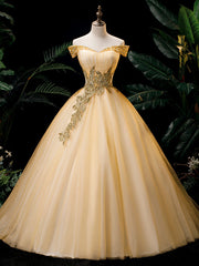 Gold Tulle Off The Shoulder Sequins Beading Quinceanera Dresses