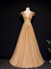 Gold Tulle Pleats Appliques Backless Prom Dresses