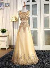 Gold Tulle Sequins Appliques Bridesmaid Dresses