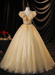 Gold Tulle Sequins Appliques V-neck Quinceanera Dresses