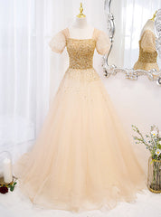 Gold Tulle Sequins Beading Puff Sleeve Prom Dresses