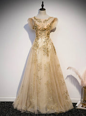 Gold Tulle Sequins Cap Sleeve Scoop Prom Dresses