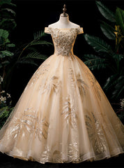 Gold Tulle Sequins Off the Shoulder Appliques Quinceanera Dresses