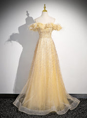 Gold Tulle Sequins Off the Shoulder Prom Dresses