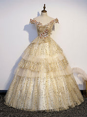 Gold Tulle Sequins Off the Shoulder Quinceanera Dresses