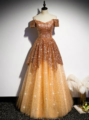 Gold Tulle Sequins Off the Shoulder Short Sleeve Prom Dresses