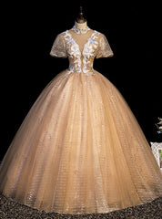 Gold Tulle Sequins Puff Sleeve Appliques Quinceanera Dresses