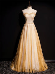 Gold Tulle Sequins Strapless Beading Prom Dresses