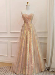 Gold Tulle Sequins Sweetheart Prom Dresses