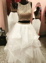 Gold White Ball Gowns Two Piece Tulle Backless Prom Dresses