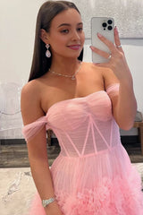 Gorgeous A Line Off the Shoulder Long Tulle Prom Dresses with Slit