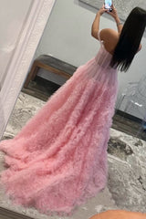 Gorgeous A Line Off the Shoulder Long Tulle Prom Dresses with Slit