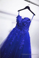 Gorgeous Blue Lace Floral Long Prom Dress, Blue Appliques Formal Evening Dress, Blue Ball Gown