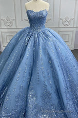 Gorgeous Blue Sleeveless Strapless Ball Gown Quinceanera Dresses